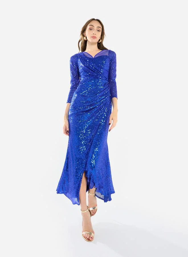 هاوس اوف مودا فستان طويل بفتحة وتصميم ملفوف مزين بالترتر